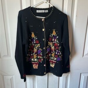 Victoria Jones Woman Black Cardigan with Colorful Floral Design